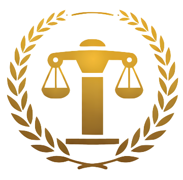 Logotipo jurídico con balanza dentro de corona de laurel dorada.